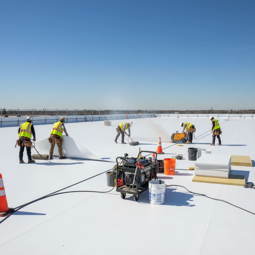 Commercial flat roofing membrane installation