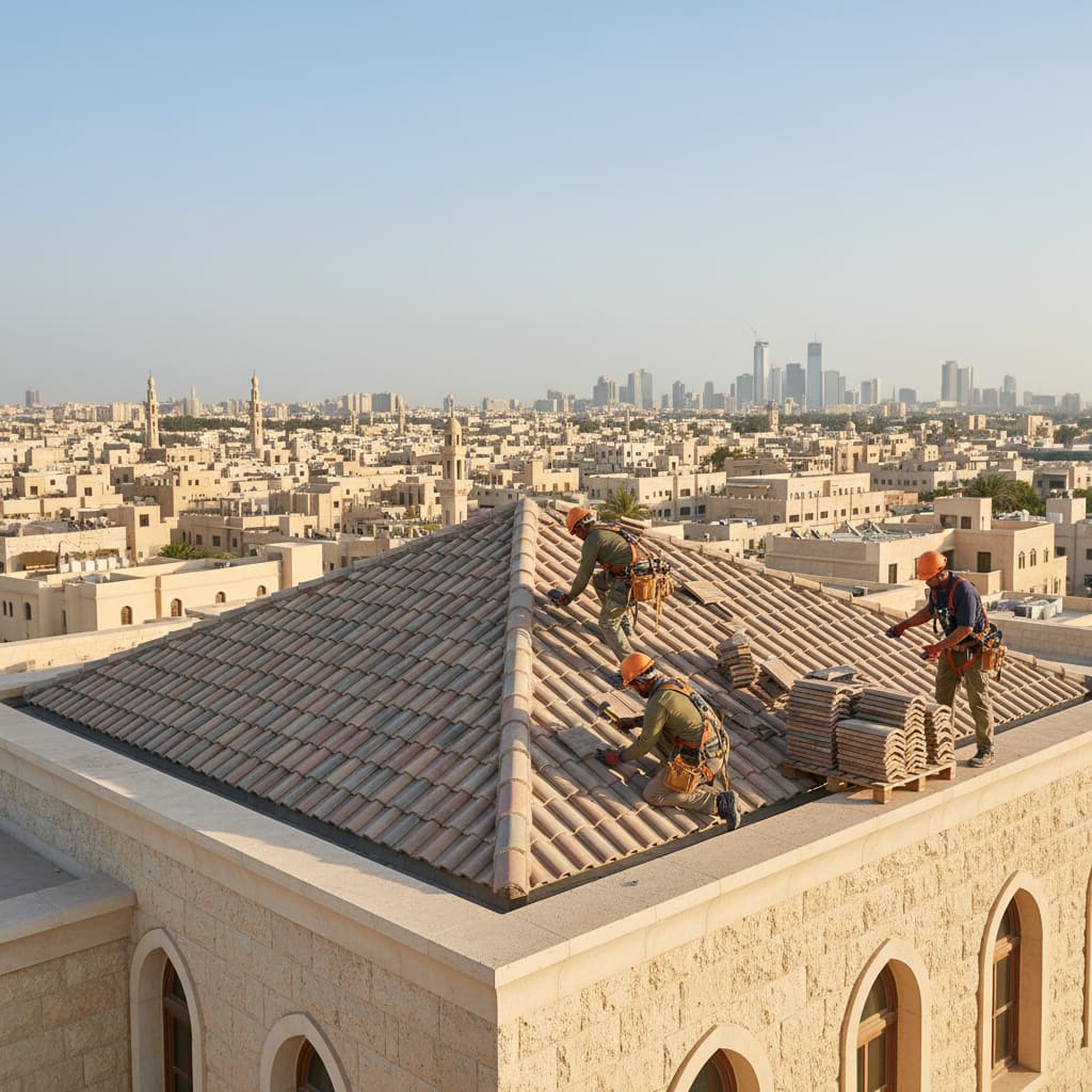 Professional roofers working with Doha skyline in the background